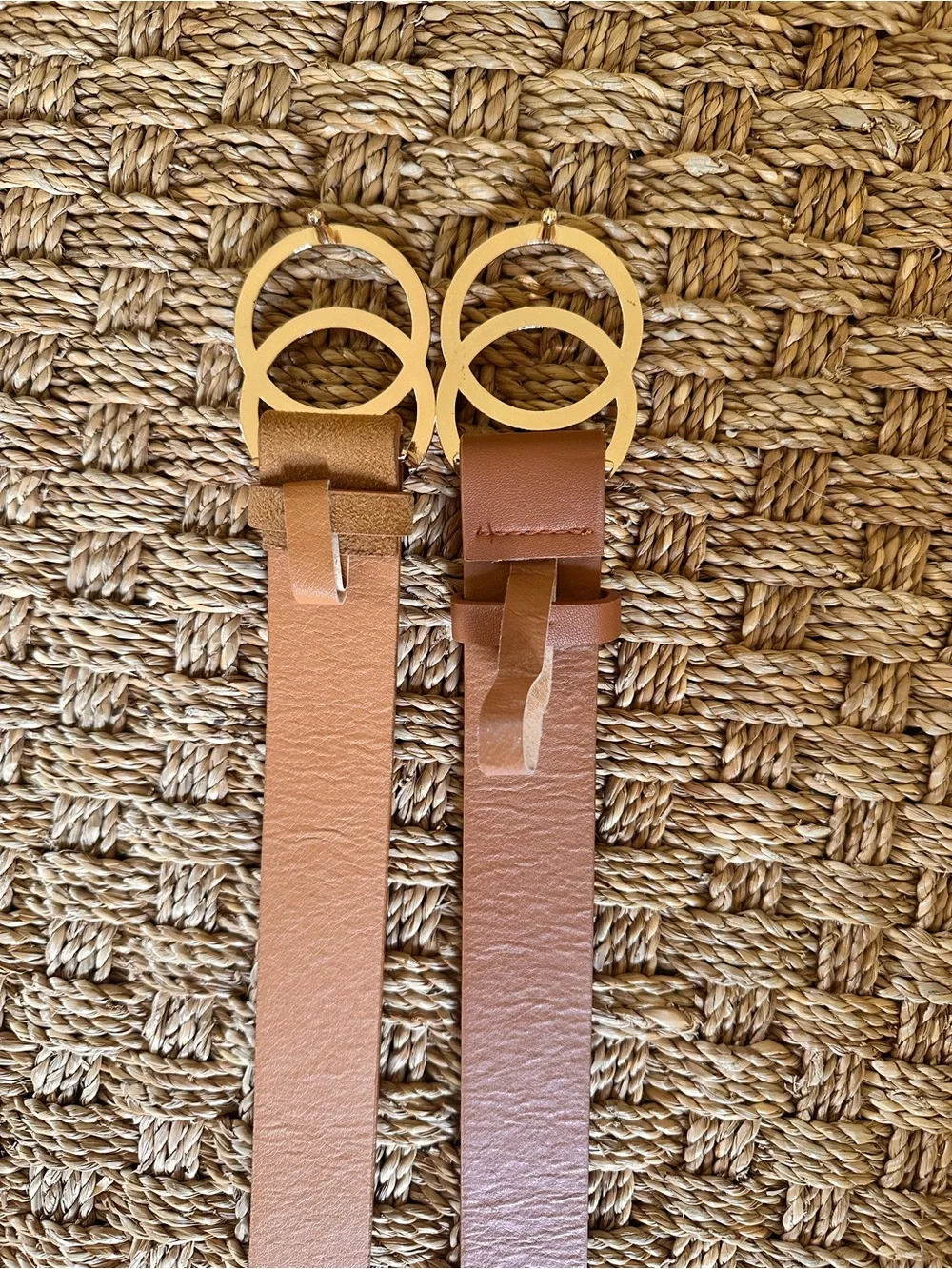 Set of 2 Double Ring Gold Buckle Belts Camel & Cognac 43